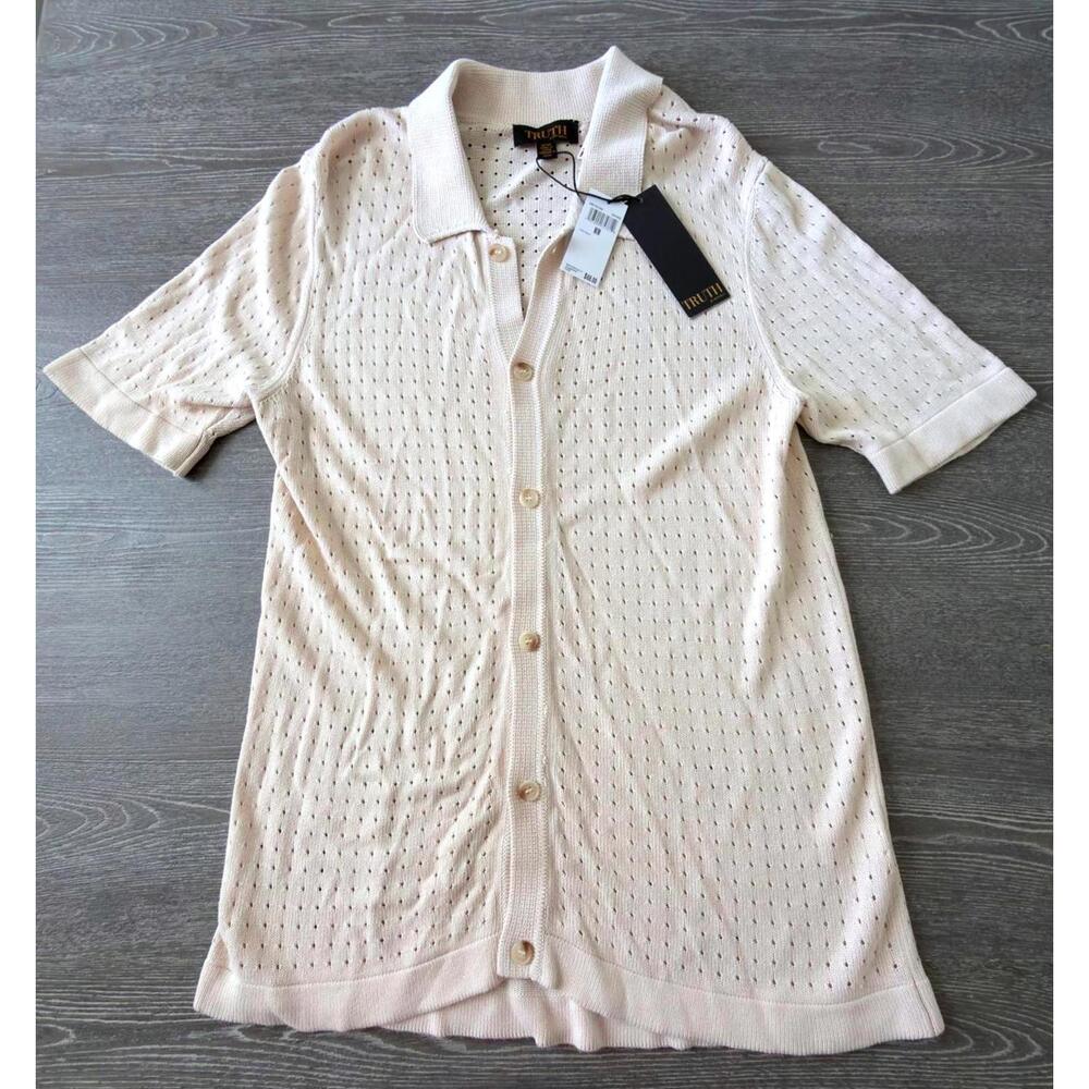 Truth Natural Open Knit Short Sleeve Button Up Shirt Men Size Medium